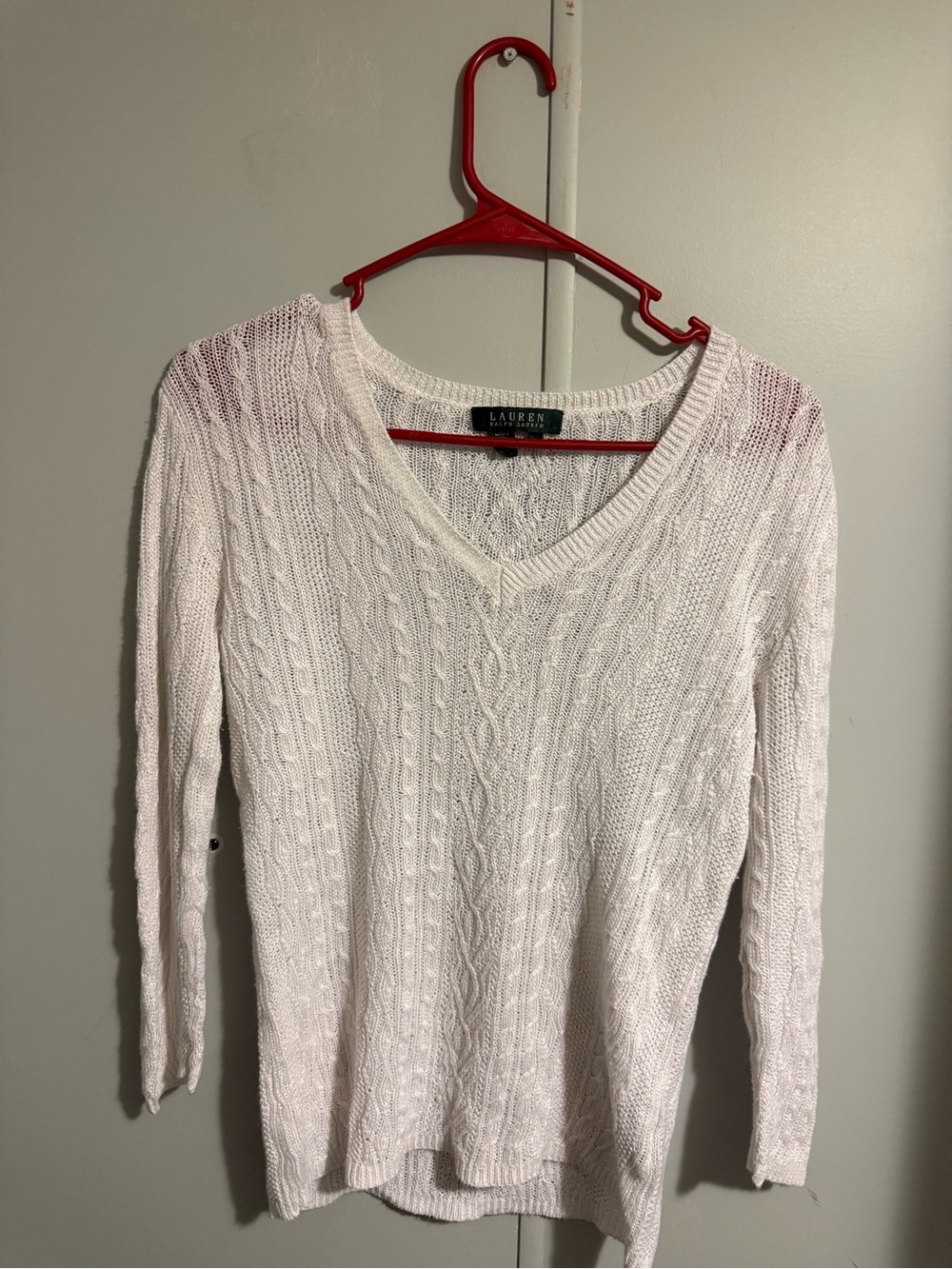 Lauren Ralph Lauren 100% Linen Cable Knit V-Neck Sweater White Size small